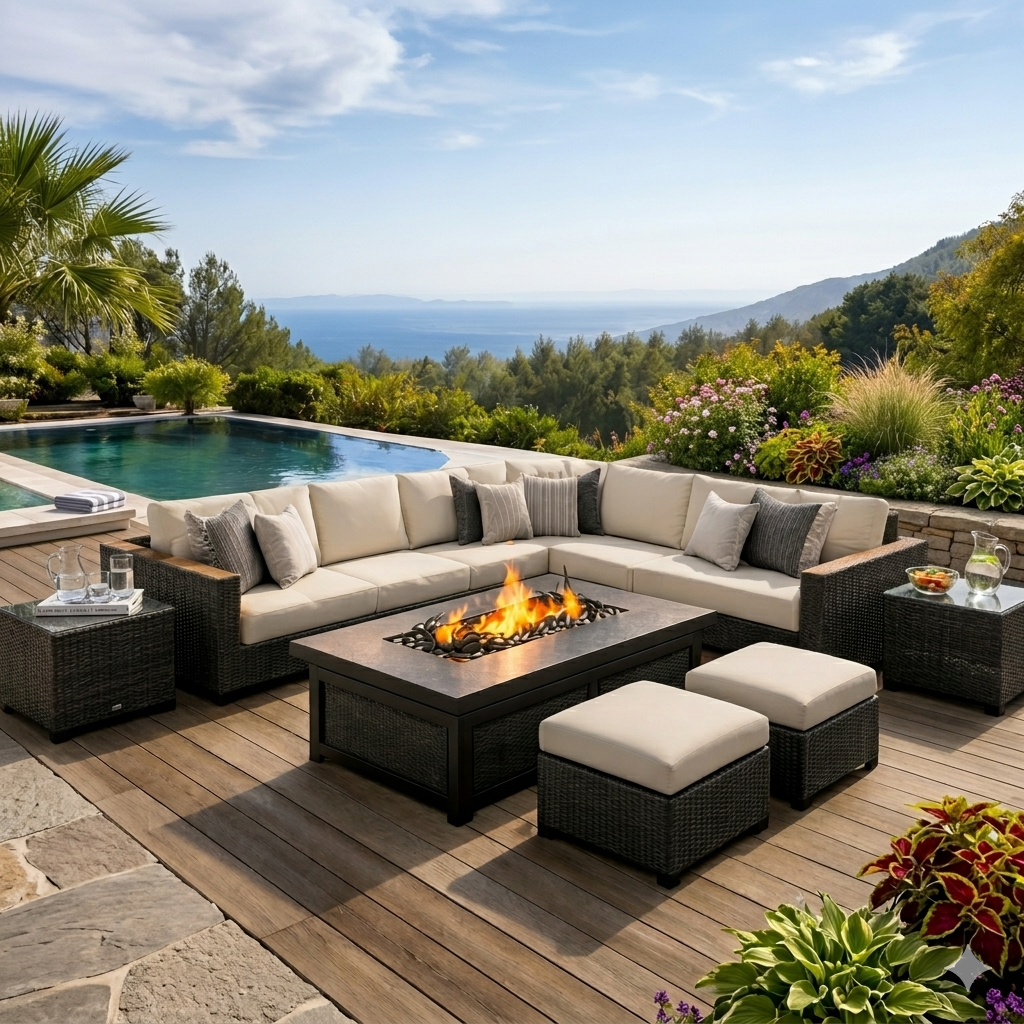 Laguna 8-Piece Sectional with Mesa Fire Pit Lounge Set